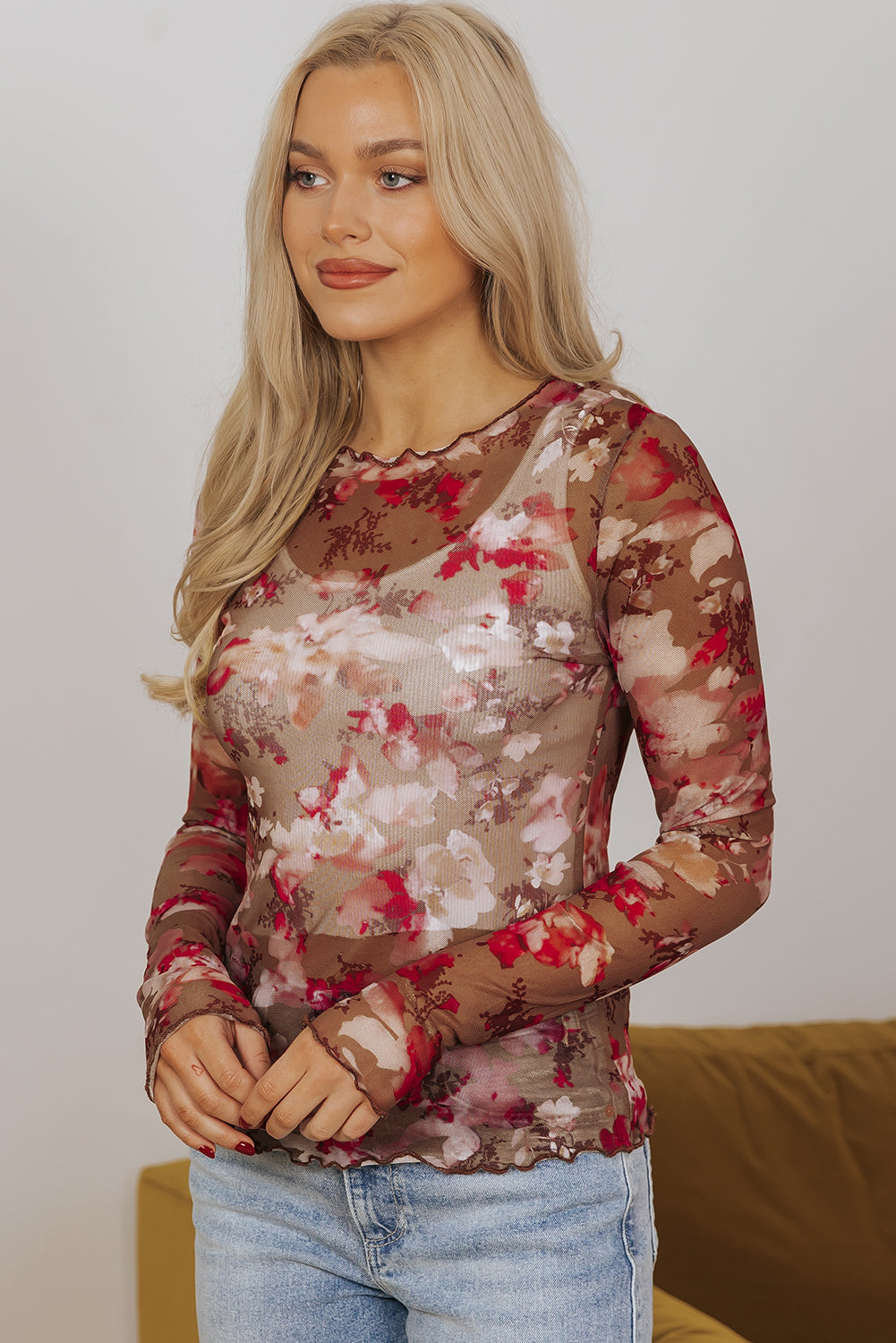 Floral Print Sheer Mesh Long Sleeve Top