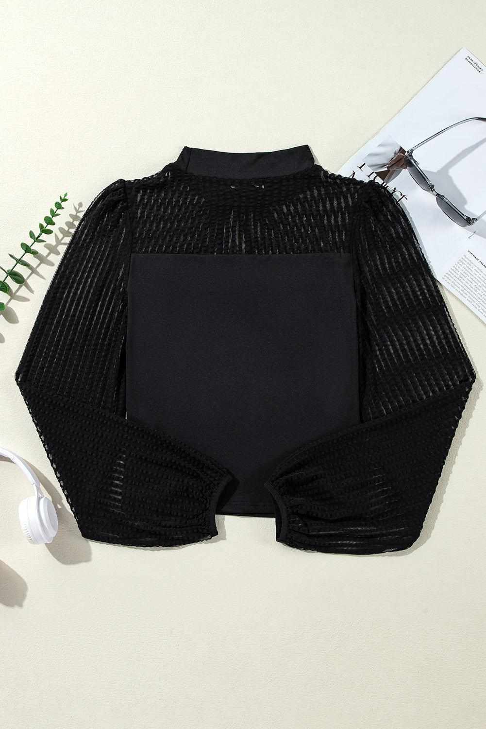 Stand Collar Striped Mesh Lantern Sleeve Blouse