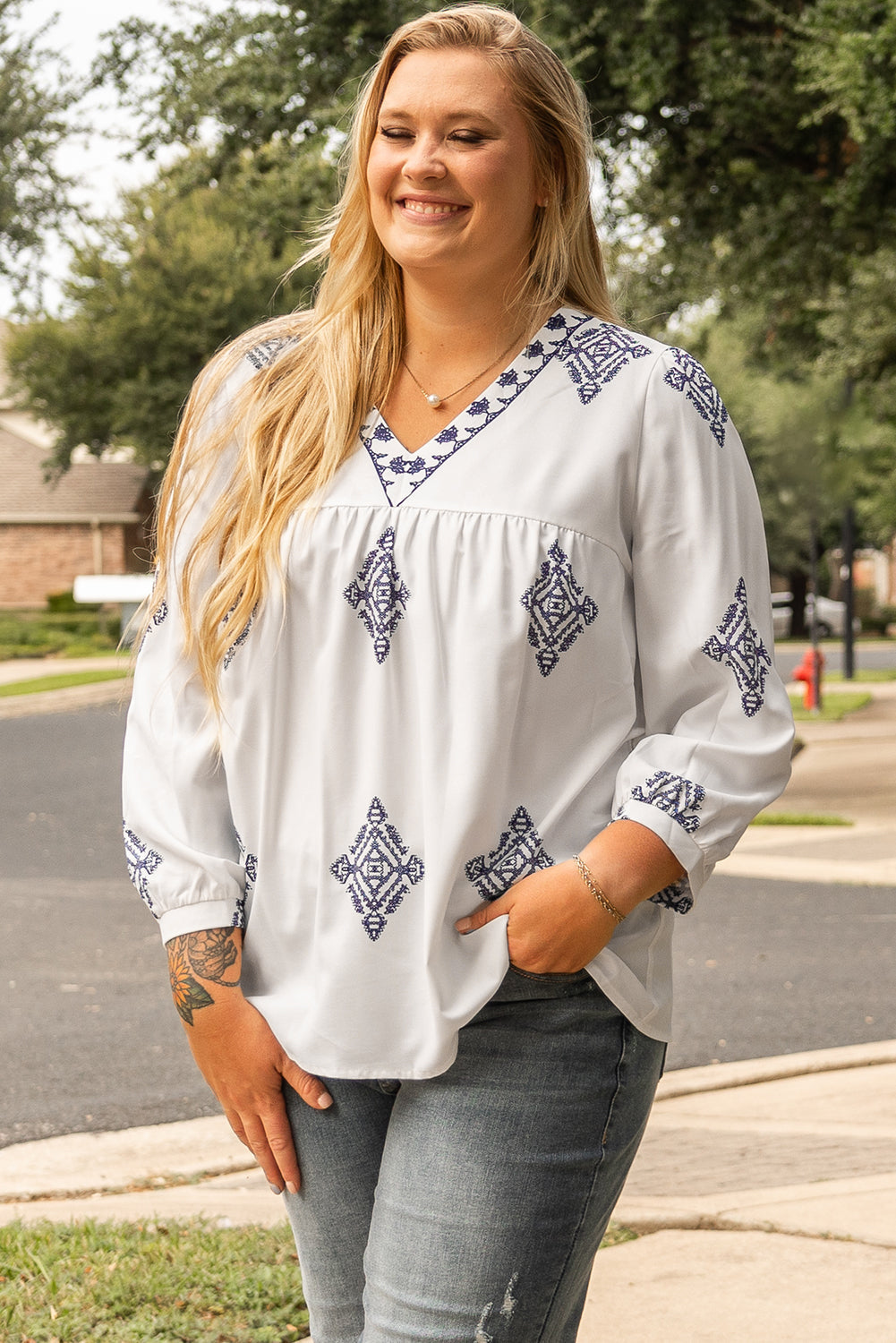 Boho Geometric Print V Neck Bracelet Sleeve Plus Size Blouse