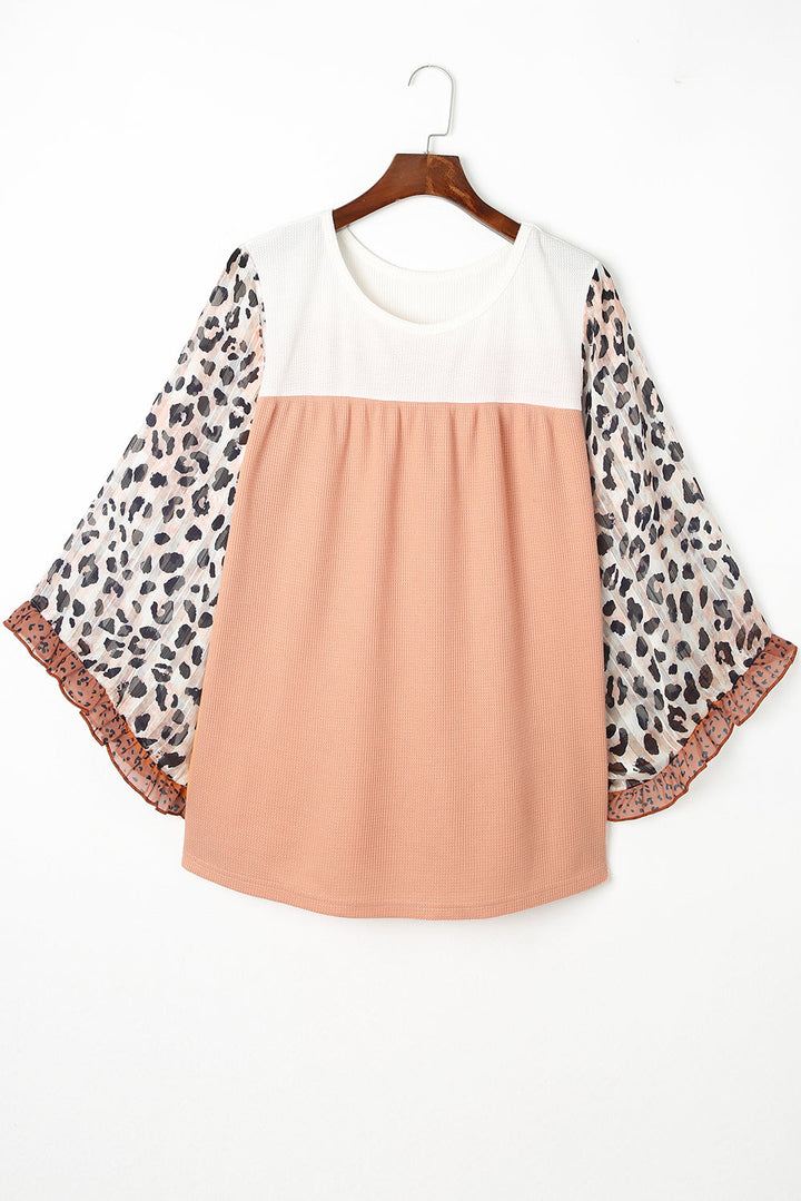 Plus Ruffle Leopard Sleeve Waffled Color Block Top