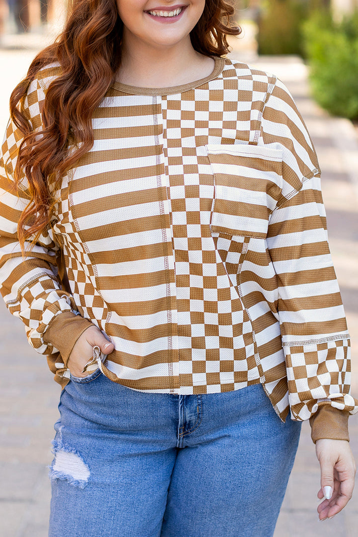 Striped Checkered Mixed Print Chest Pocket Casual Plus Size Top