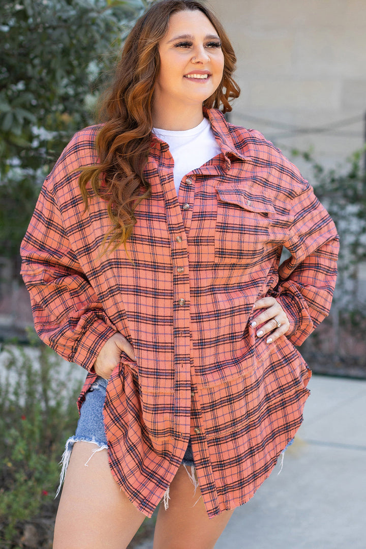 Plaid Long Sleeeve Side Split Distressed Hem Shirt