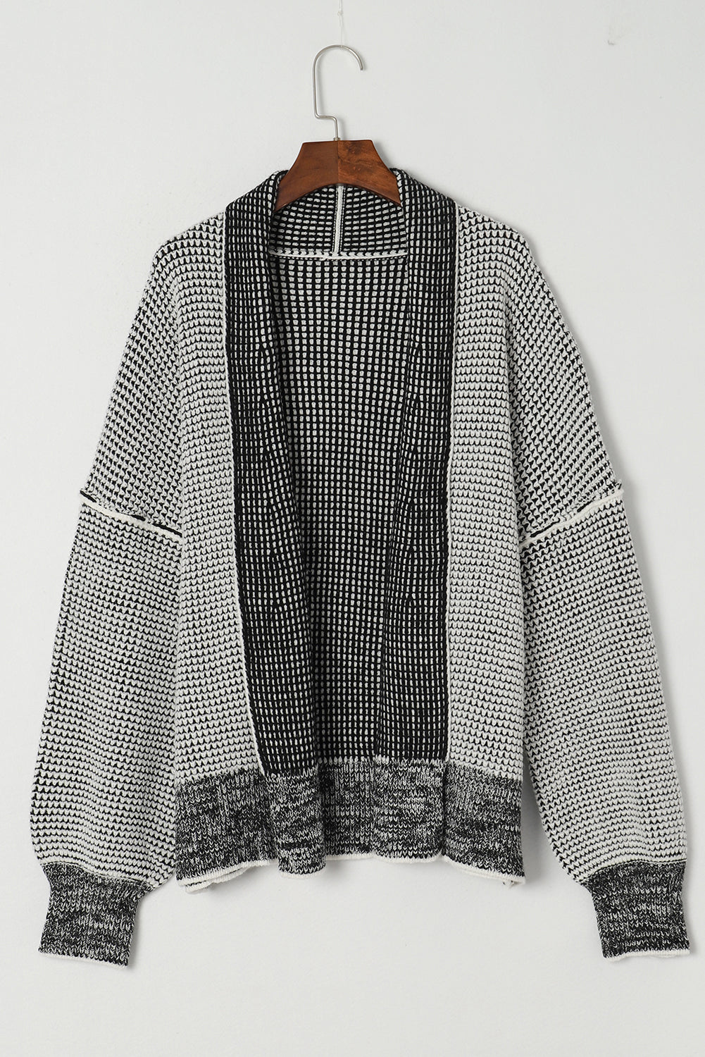 Grey Plaid Contrast Trim Open Front Cardigan