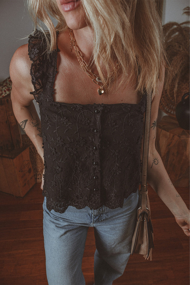 Floral Embroidered Buttoned Square Neck Tank Top