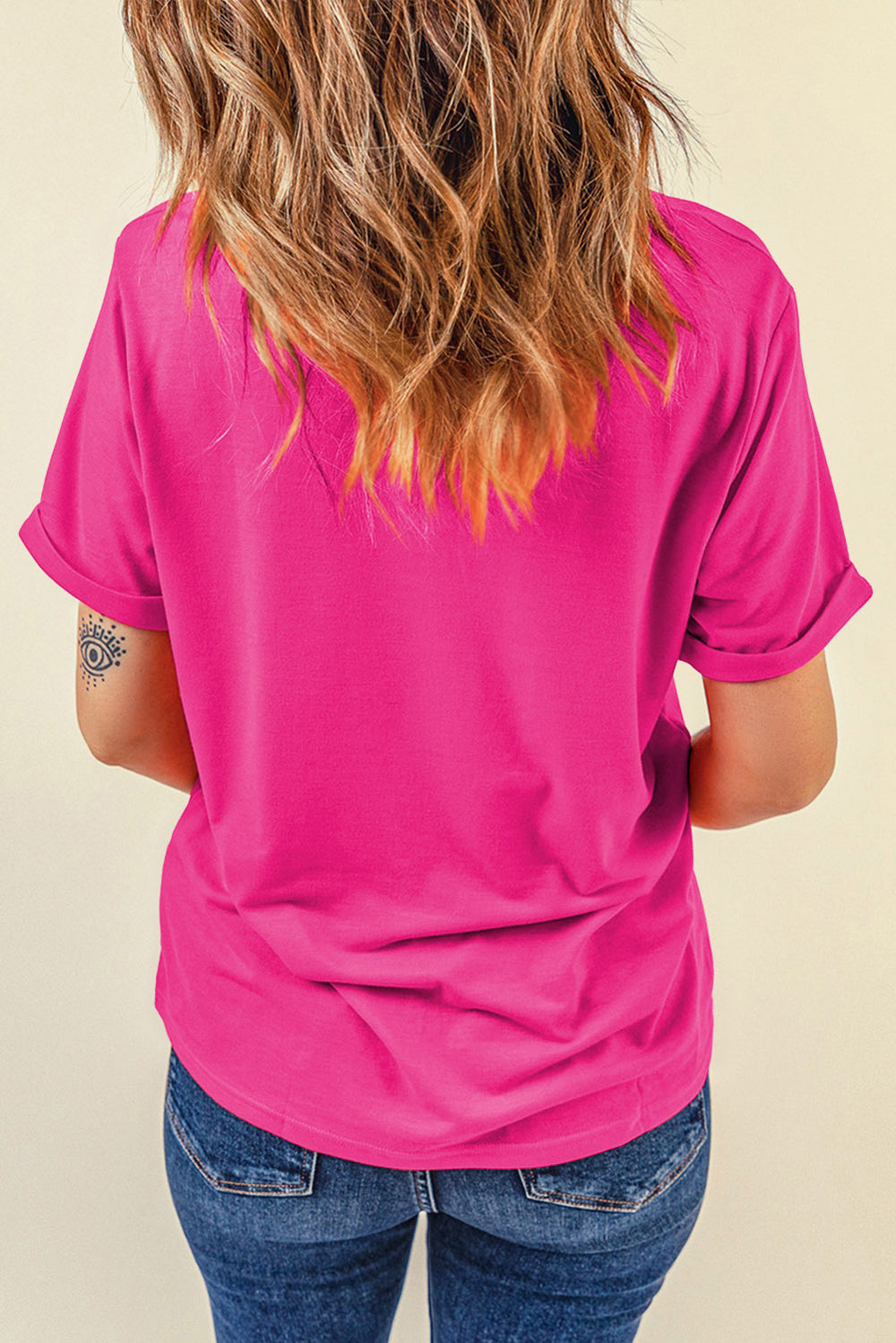 Rose Red Casual Plain Crew Neck Tee