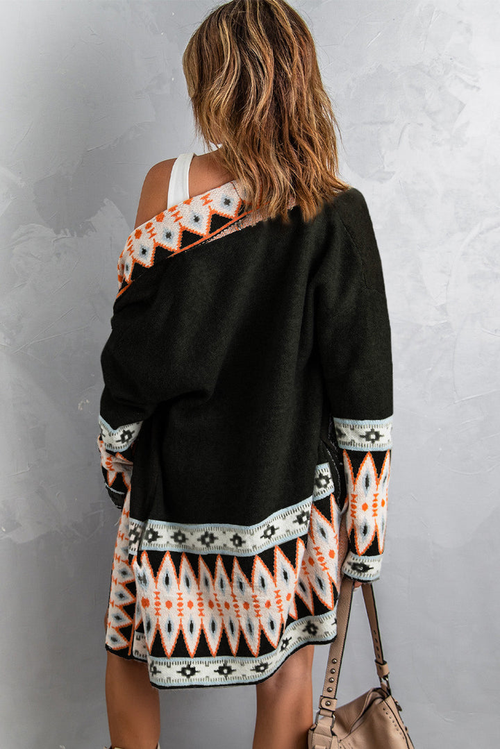 Aztec Print Open Front Knitted Cardigan