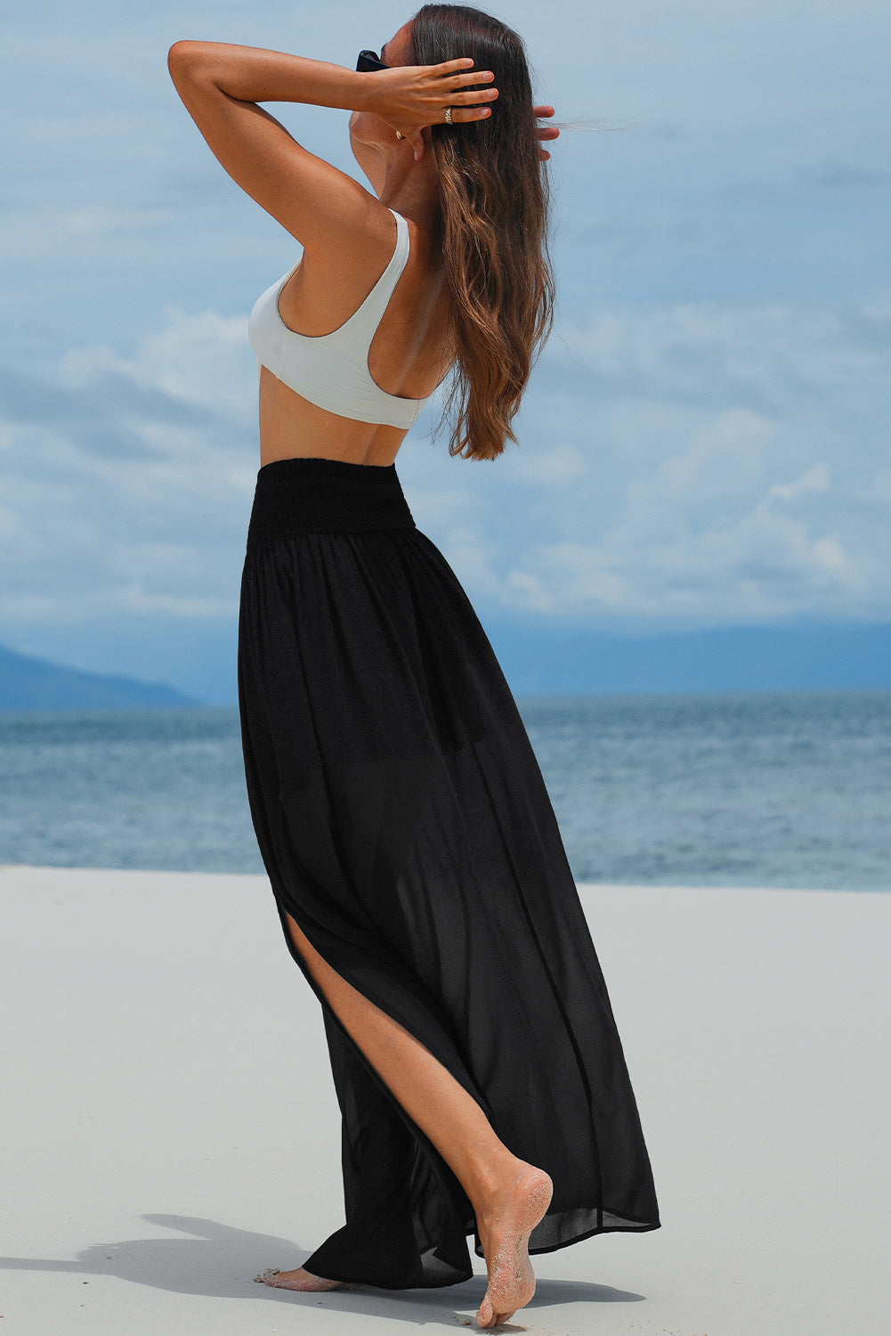 Shirred High Waist Chiffon Split Beach Maxi Skirt