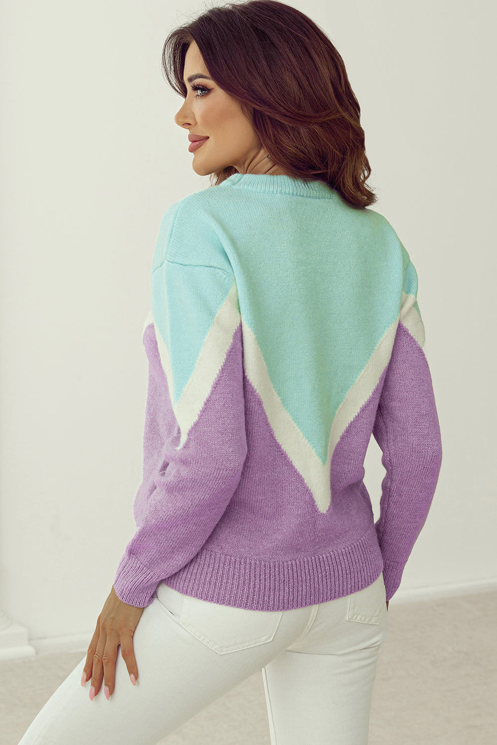 Chevron Colorblock Ribbed Knit Drop Shoulder Sweater