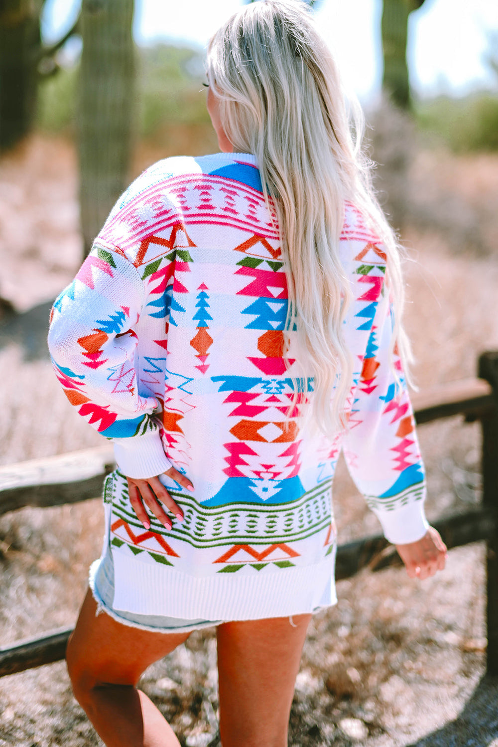 Oversize Aztec Print High Low V Neck Sweater