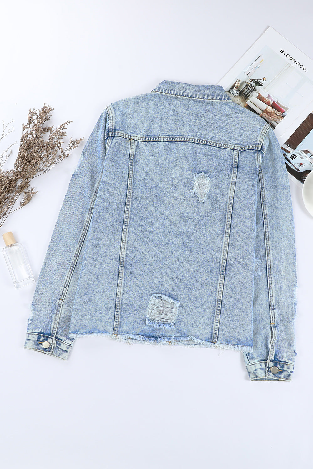 Fashion Sky Blue Lapel Distressed Raw Hem Buttons Denim Jacket