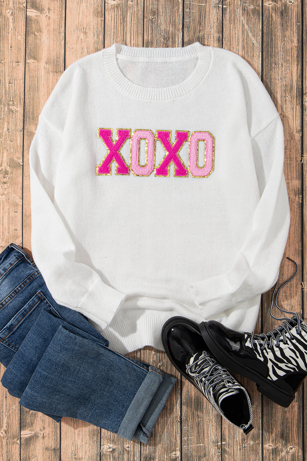 XOXO Glitter Print Round Neck Casual Sweater