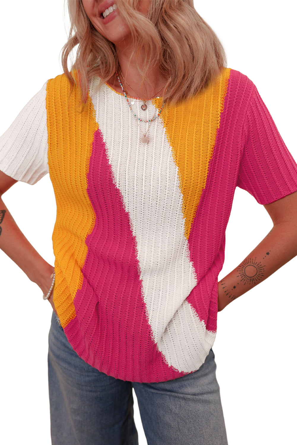 Textured Knit Colorblock Short Sleeve Sweater