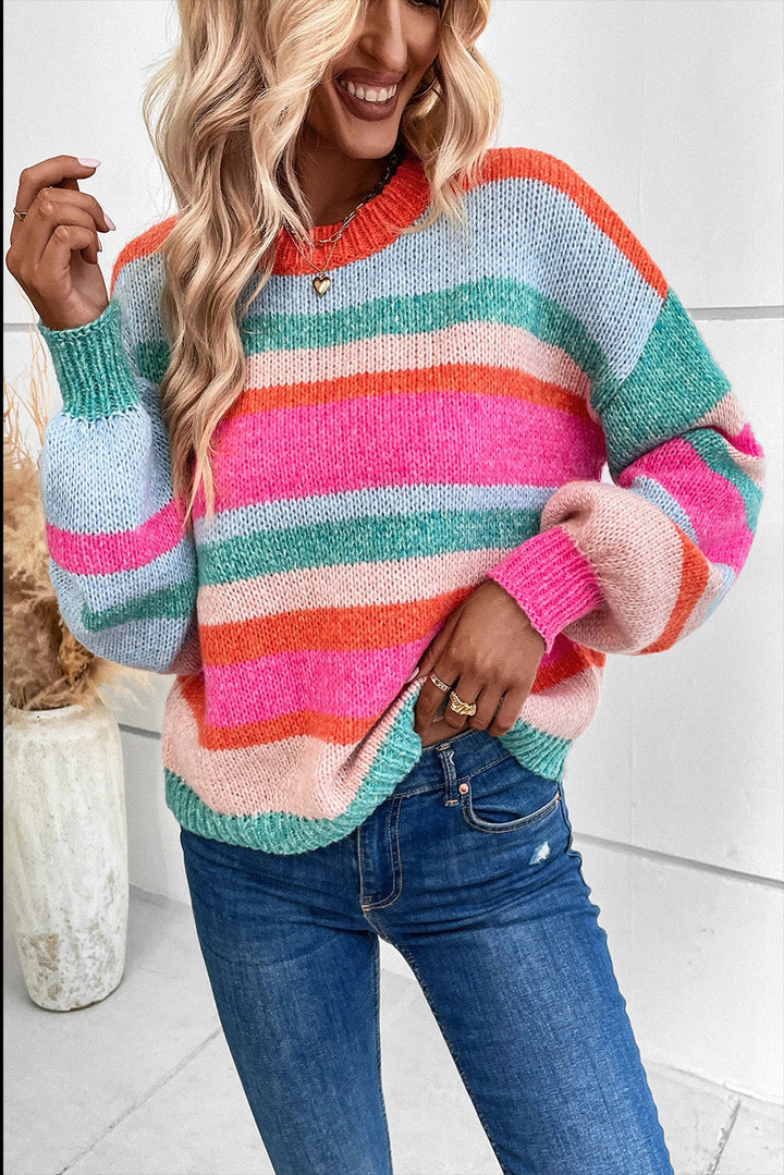 Striped Knit Drop Shoulder Puff Sleeve Sweater