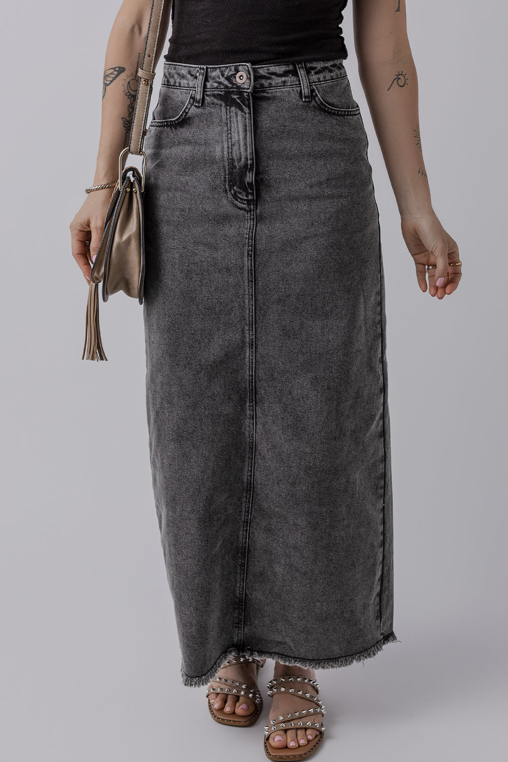 Denim Raw Hem Back Split High Waist Long Skirt