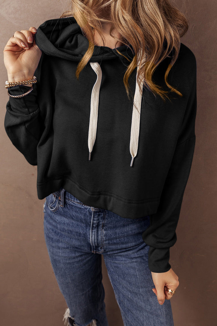 Solid Drop Shoulder Drawstring Cropped Hoodie