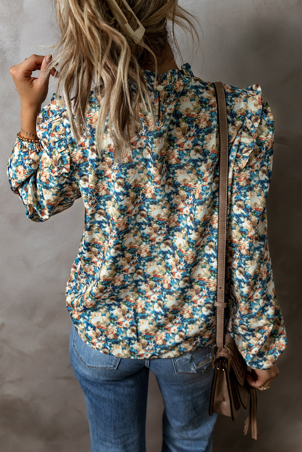 Floral Print Frilled Mock Neck Puff Sleeve Blouse