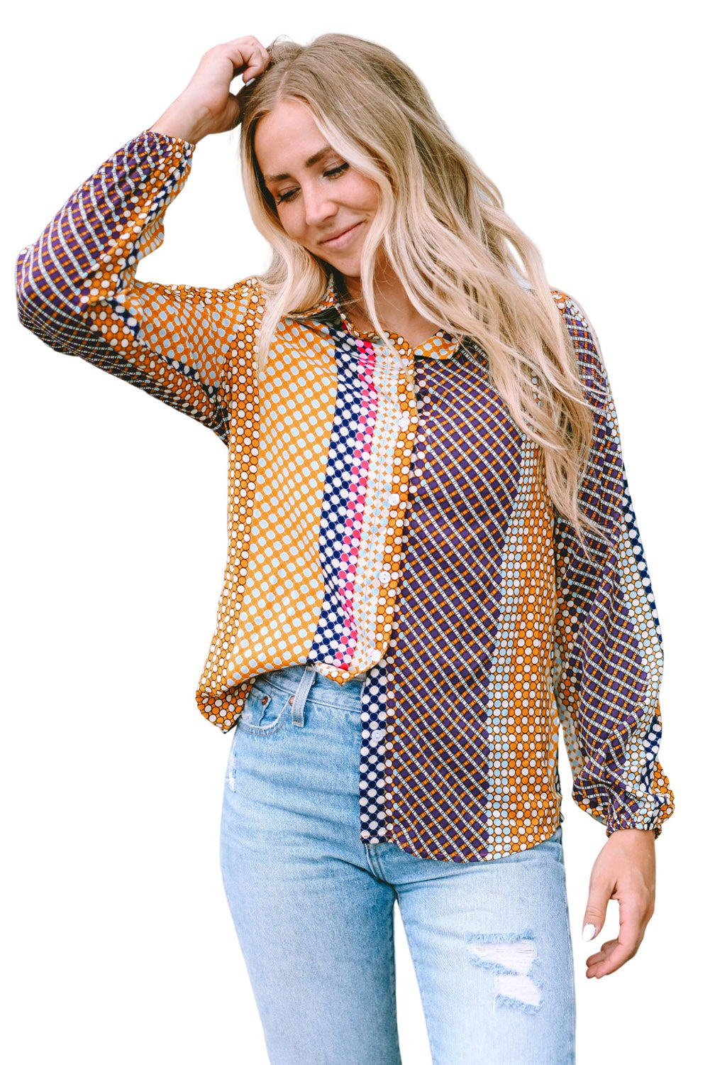 Dot Print Long Sleeve Button Down Shift Shirt