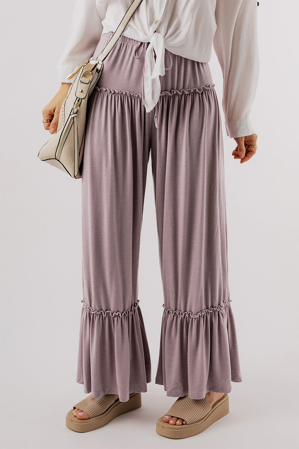 Frilled Drawstring High Waist Wide Leg Pants