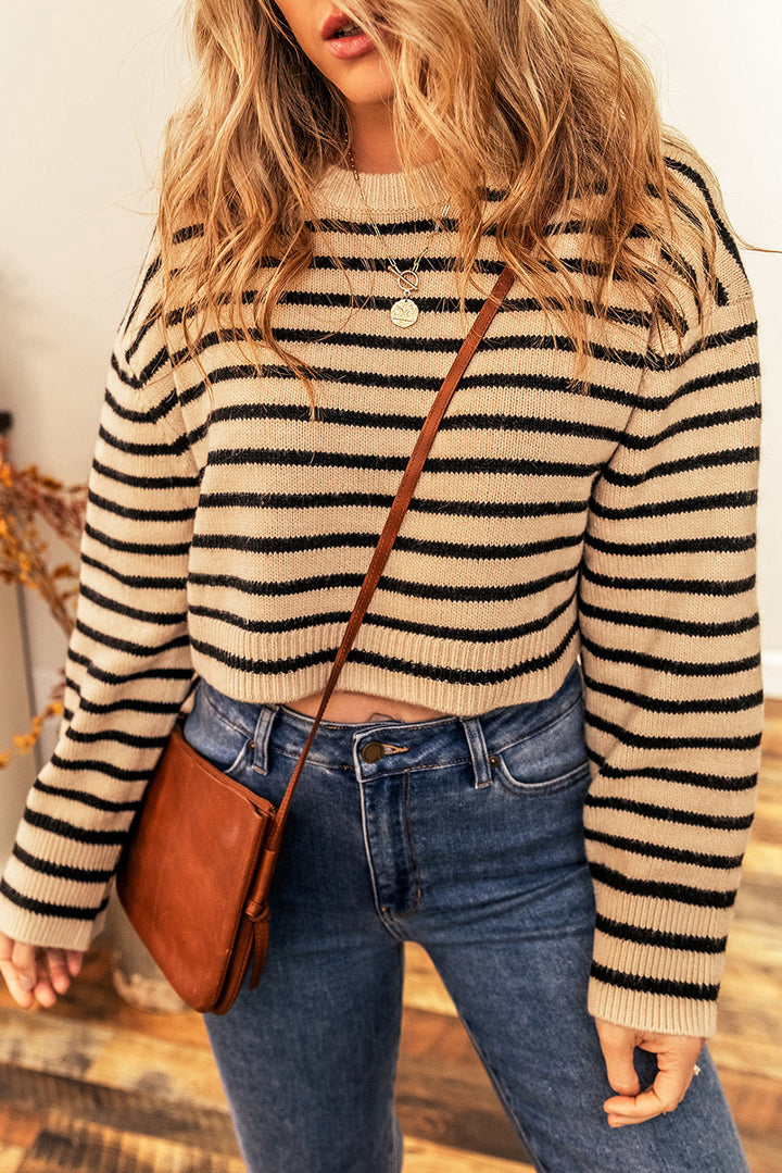 Striped Knit Drop Shoulder Crewneck Cropped Sweater