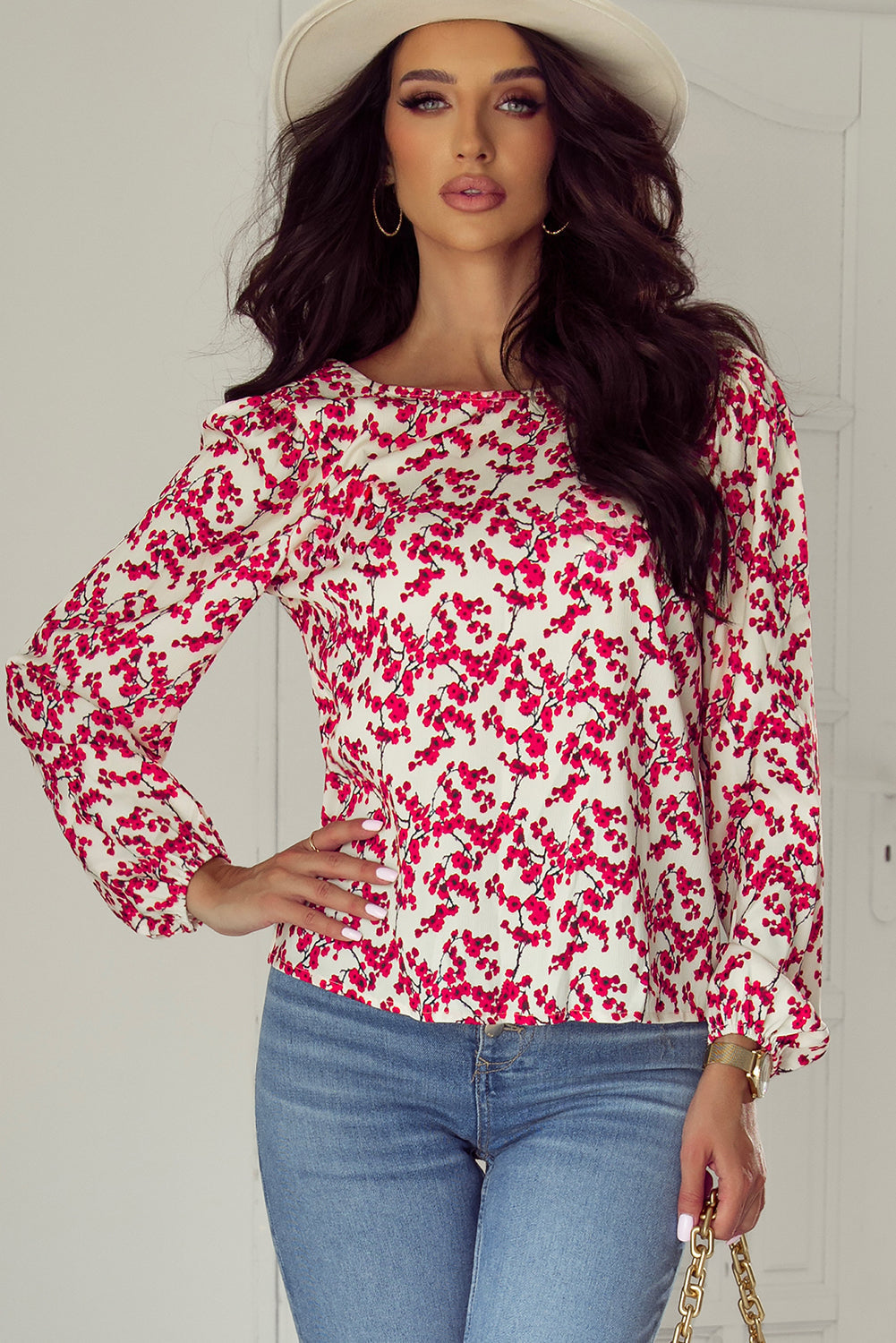 Floral Print Long Sleeve Open Back Blouse