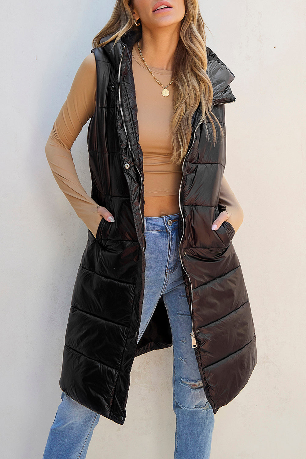 Hooded Long Quilted Vest Coat