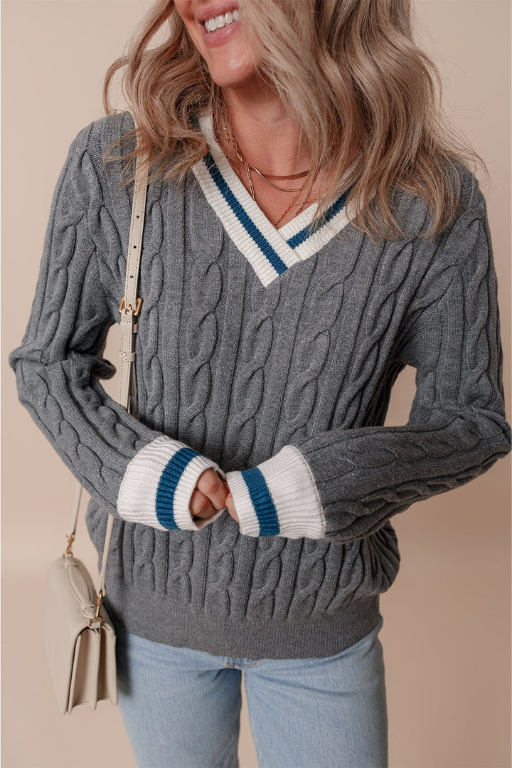 Color Contrast Ribbed Edge Cable Knit V Neck Sweater