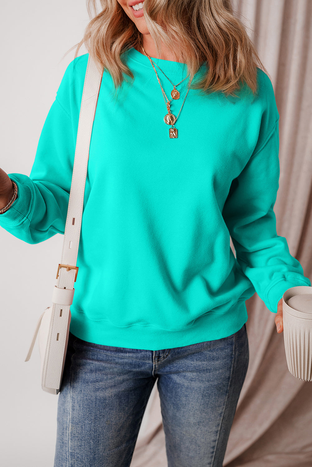 Solid Fleece Lined Drop Shoulder Terry Sweatshirt