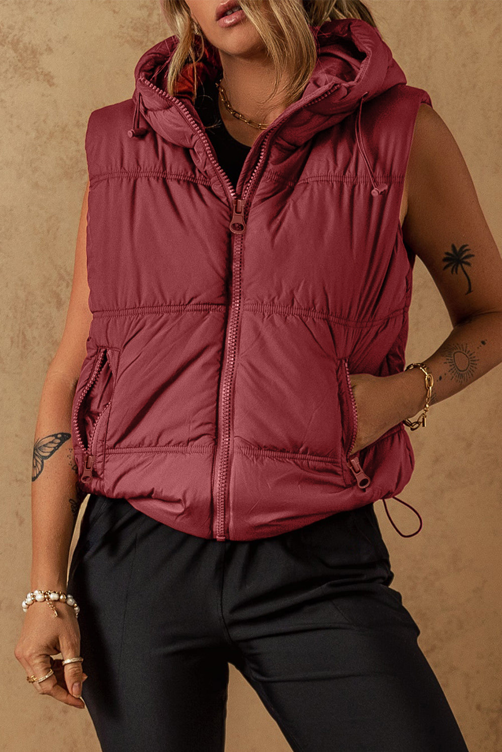 Zip-up Side Pockets Hooded Puffer Vest