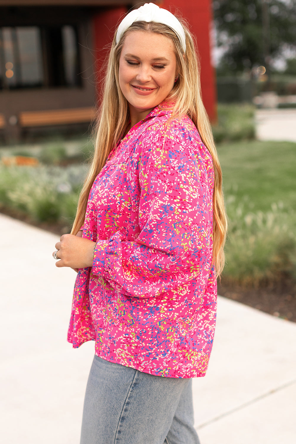 Plus Size Floral Print Puff Sleeve V Neck Blouse