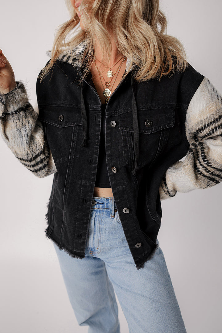 Plaid Sleeve Frayed Hem Hooded Denim Jacket