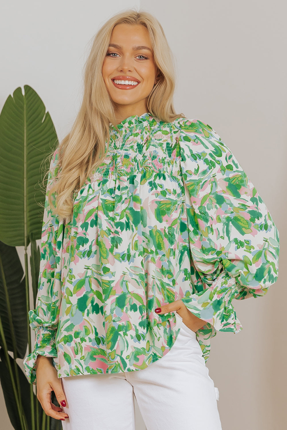 Leafy Printed Flounce Sleeve Shirred Mock Neck Blouse