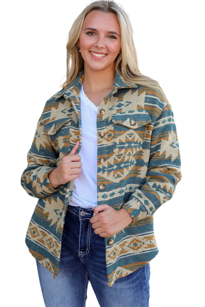 Western Aztec Print Button Flap Pocket Shacket