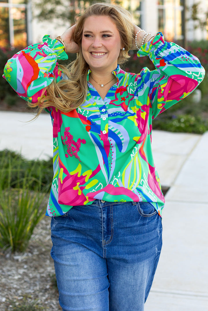 Abstract Printed Flounce Sleeve V Neck Buttoned Plus Size Blouse