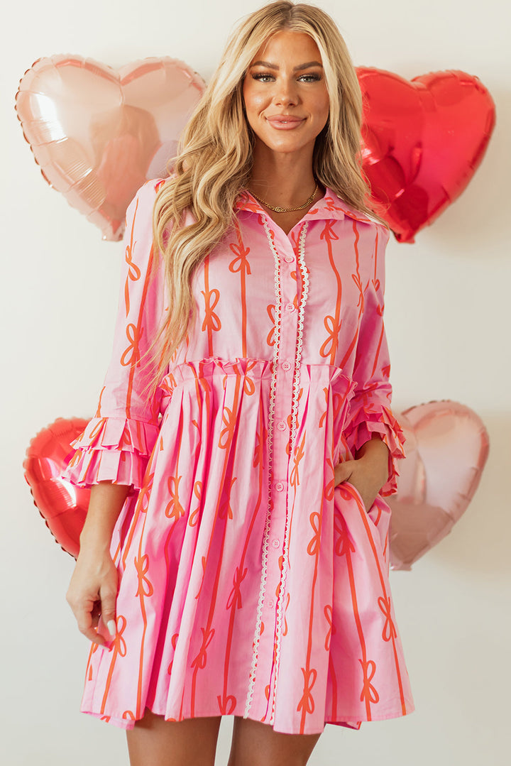 Bowknot Striped Printed Tiered Ruffled Mini Shirt Dress