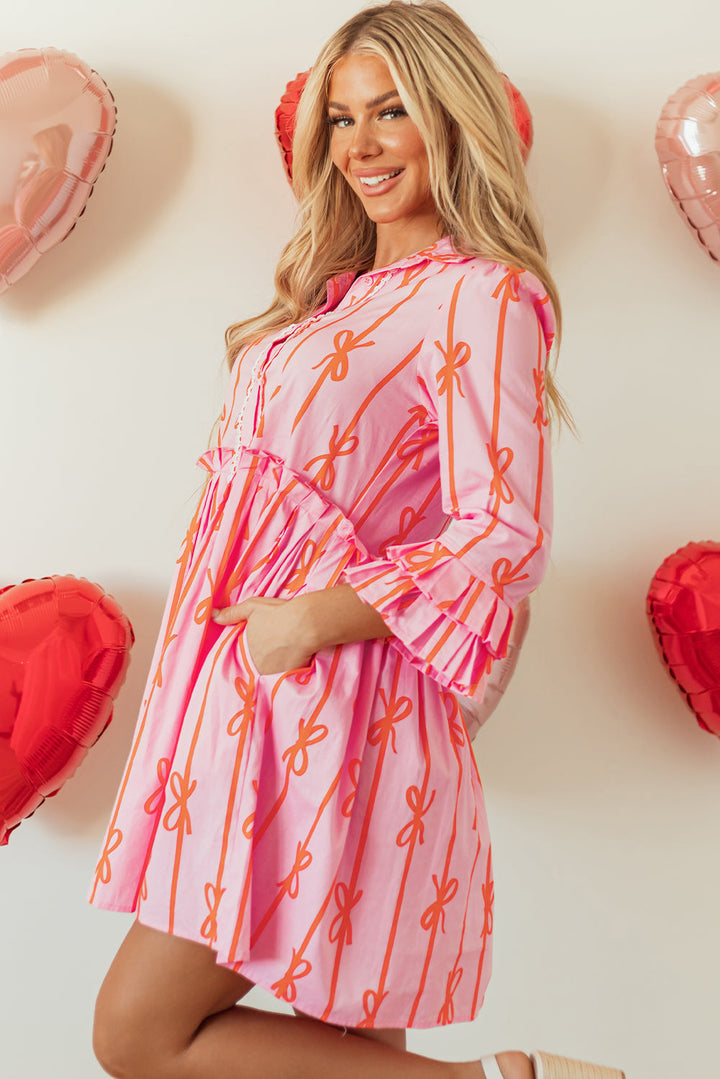 Bowknot Striped Printed Tiered Ruffled Mini Shirt Dress