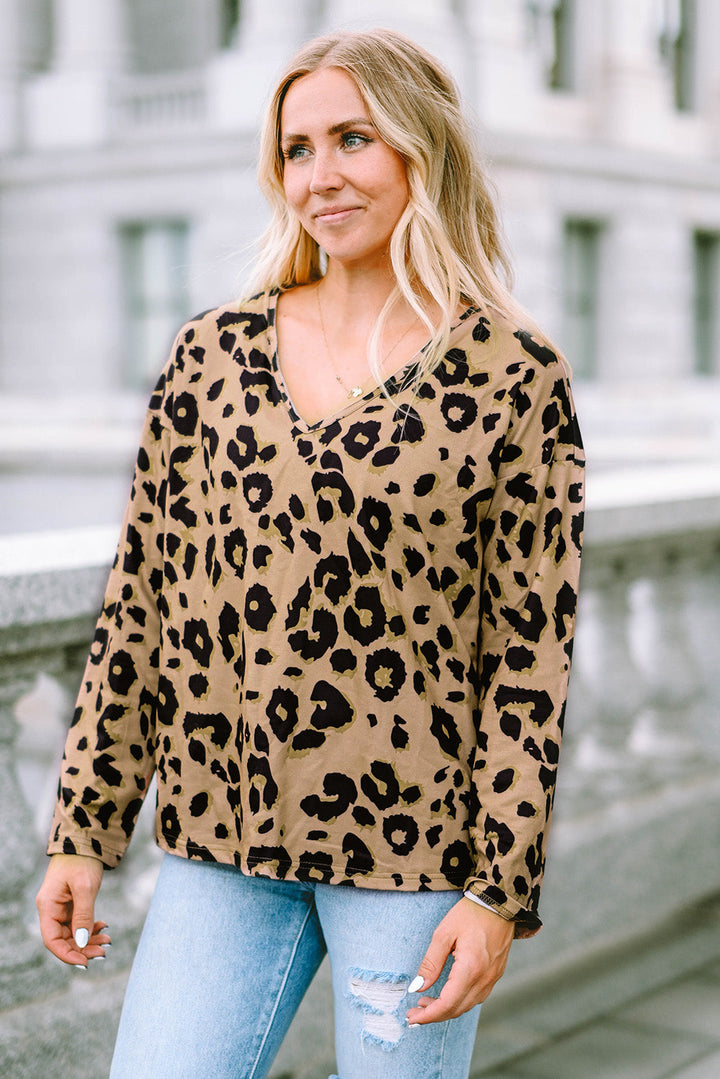 Leopard Split Joint V Neck Long Sleeve Tops