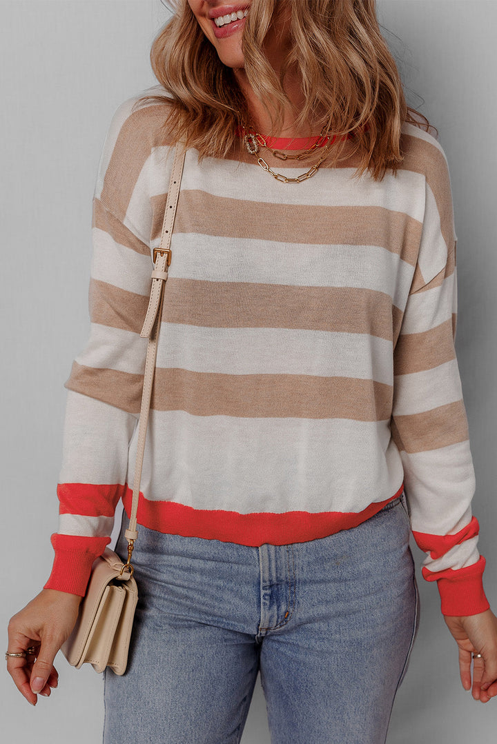 Colorblock Striped Round Neck Drop Shoulder Sweater