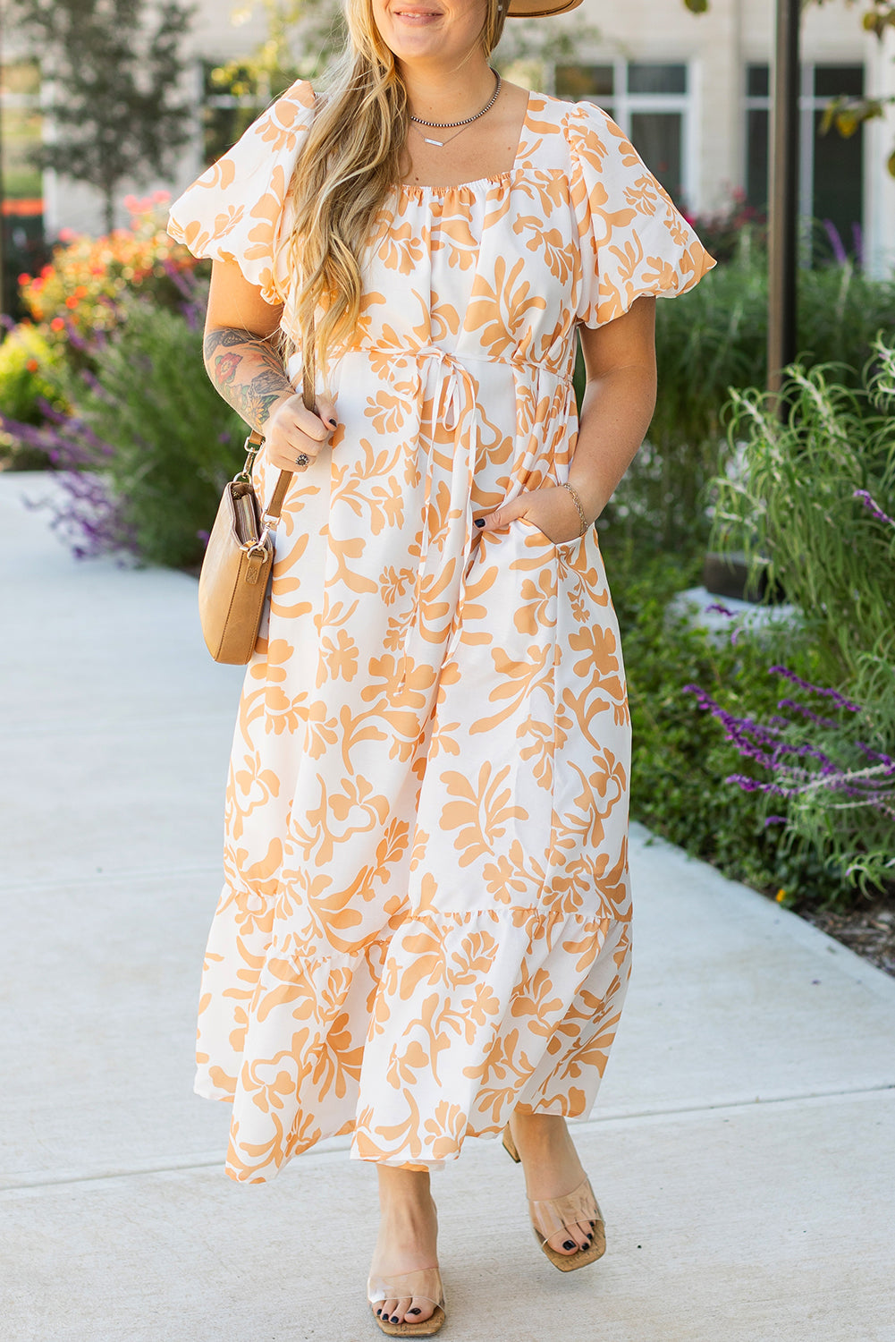 Floral Print Puff Short Sleeve Resort Plus Size Maxi Dress