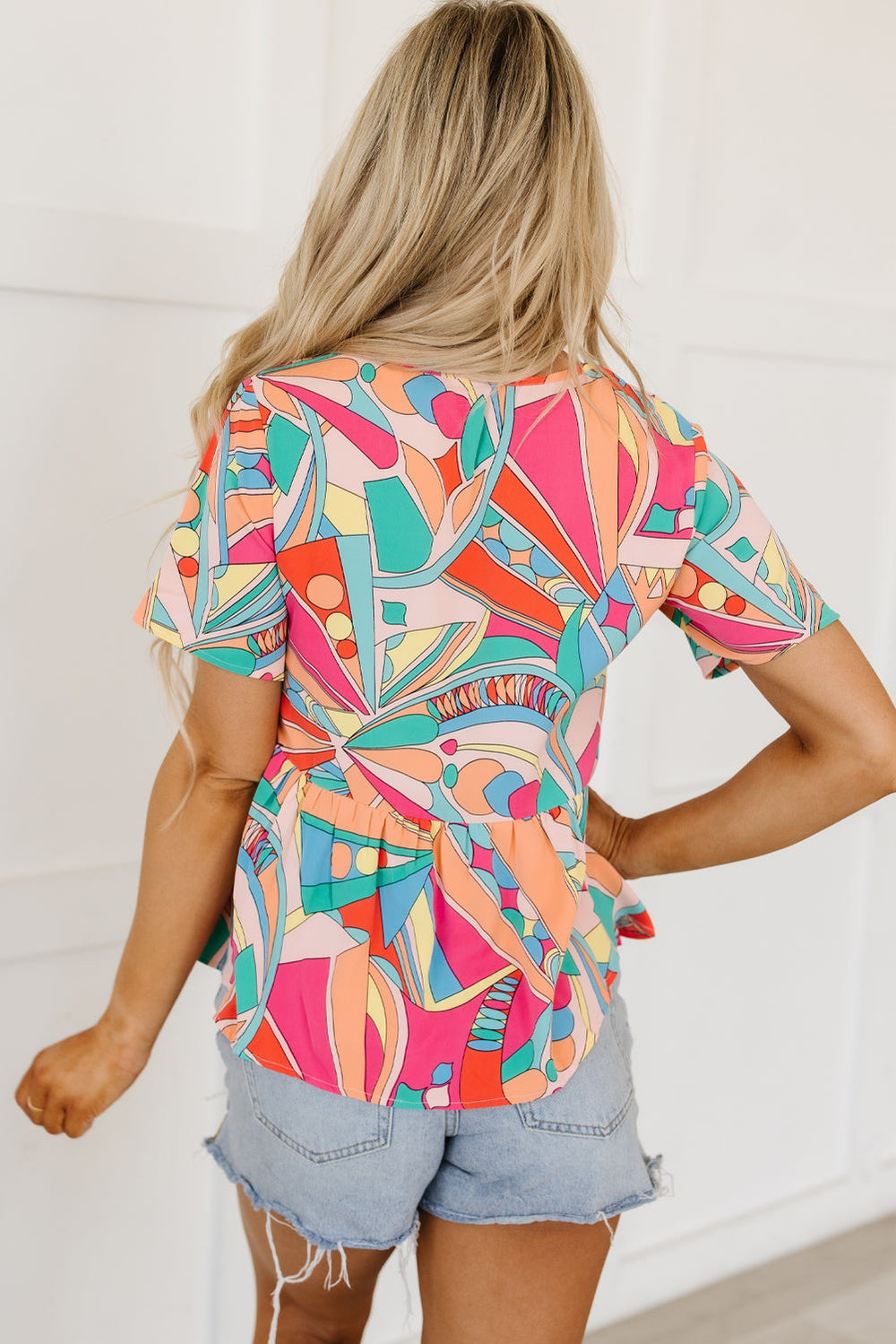 Boho Abstract Pattern Split V Neck Flowy Blouse