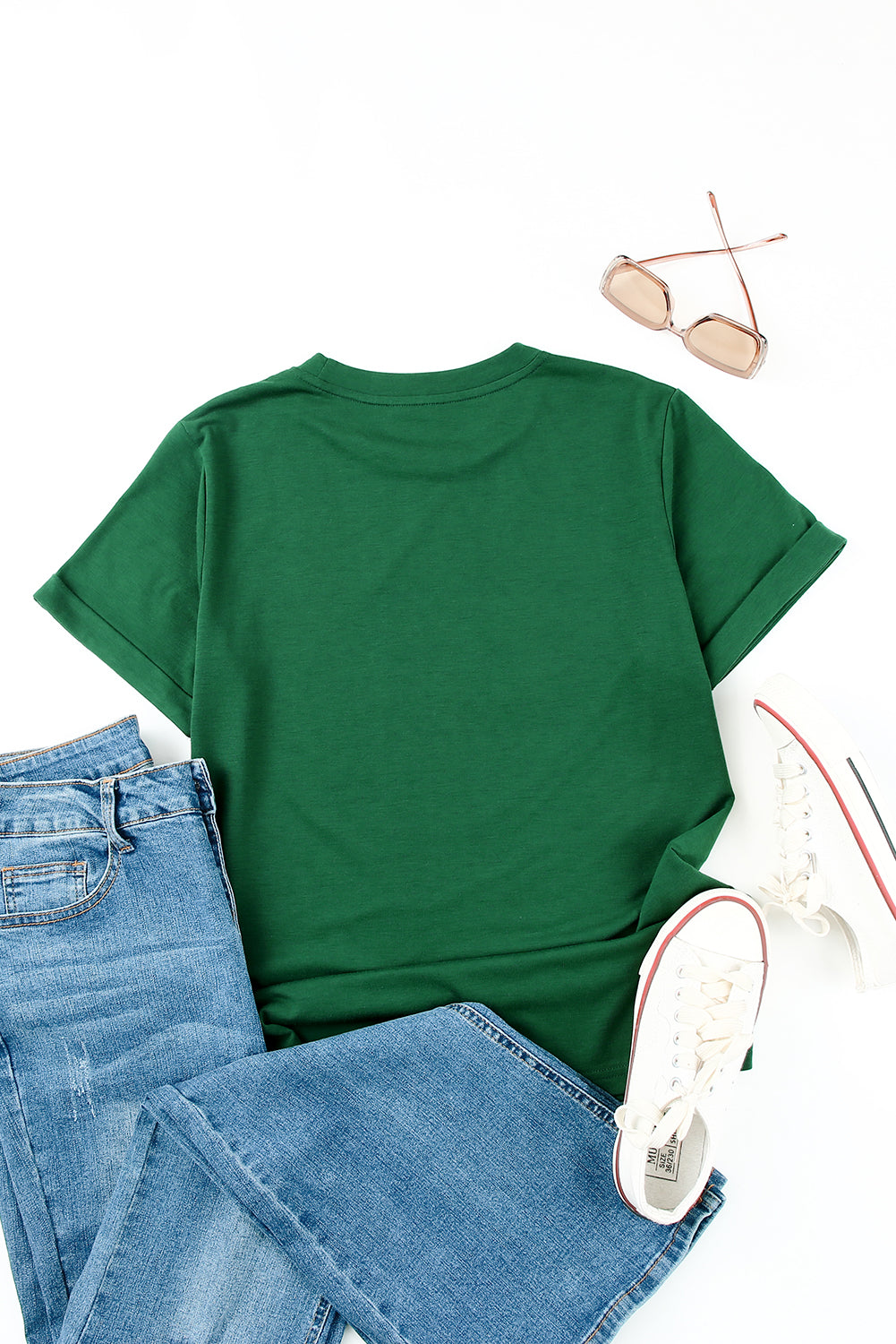 Green Solid Color Crew Neck Tee