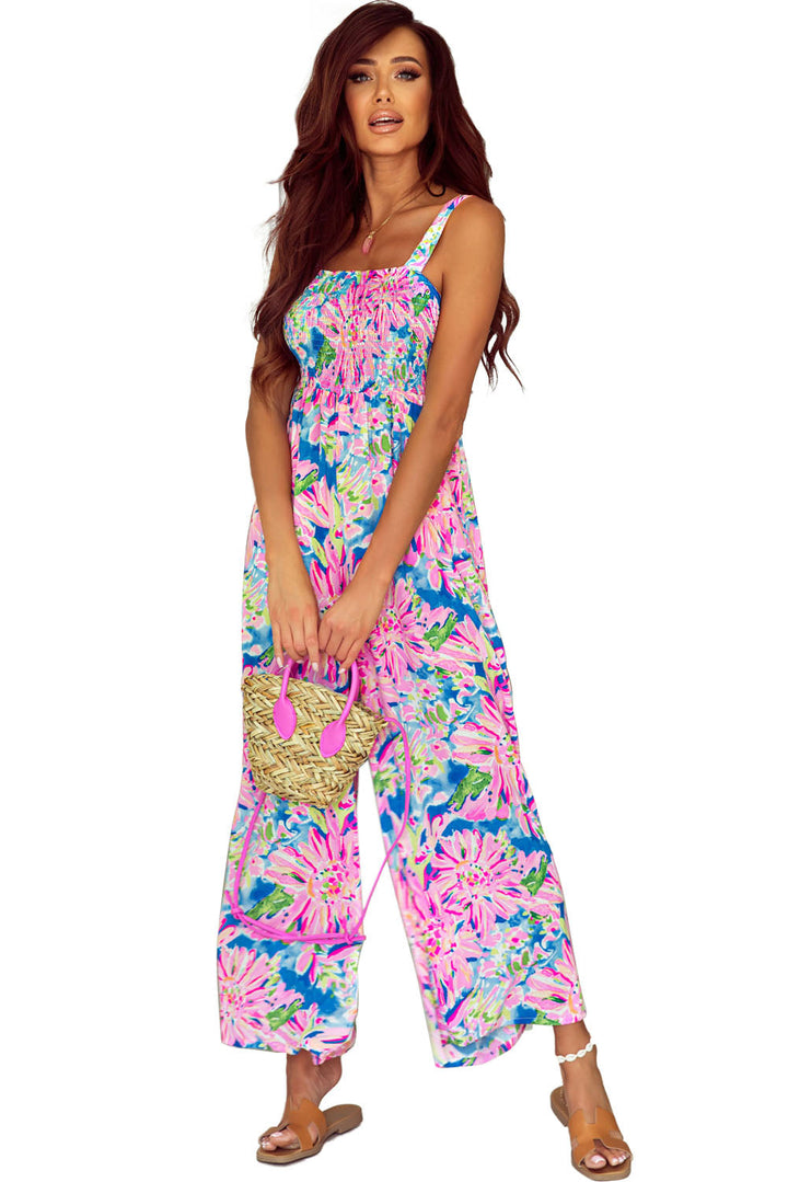 Abstract Floral Painting Smocked Wide Leg Jumpsuit