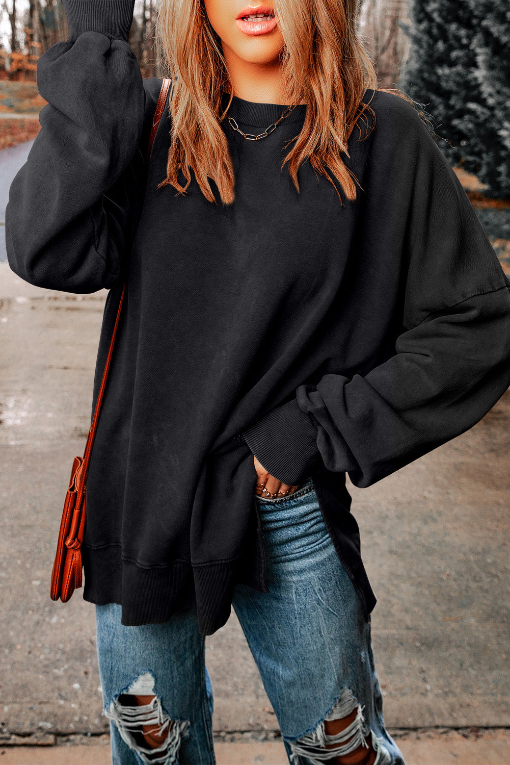 Drop Shoulder Ribbed Trim Oversized Sweatshirt