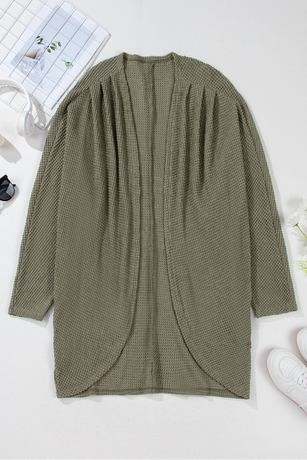 Waffle Knit Drop Shoulder Open Front Pocketed Plus Size Cardigan