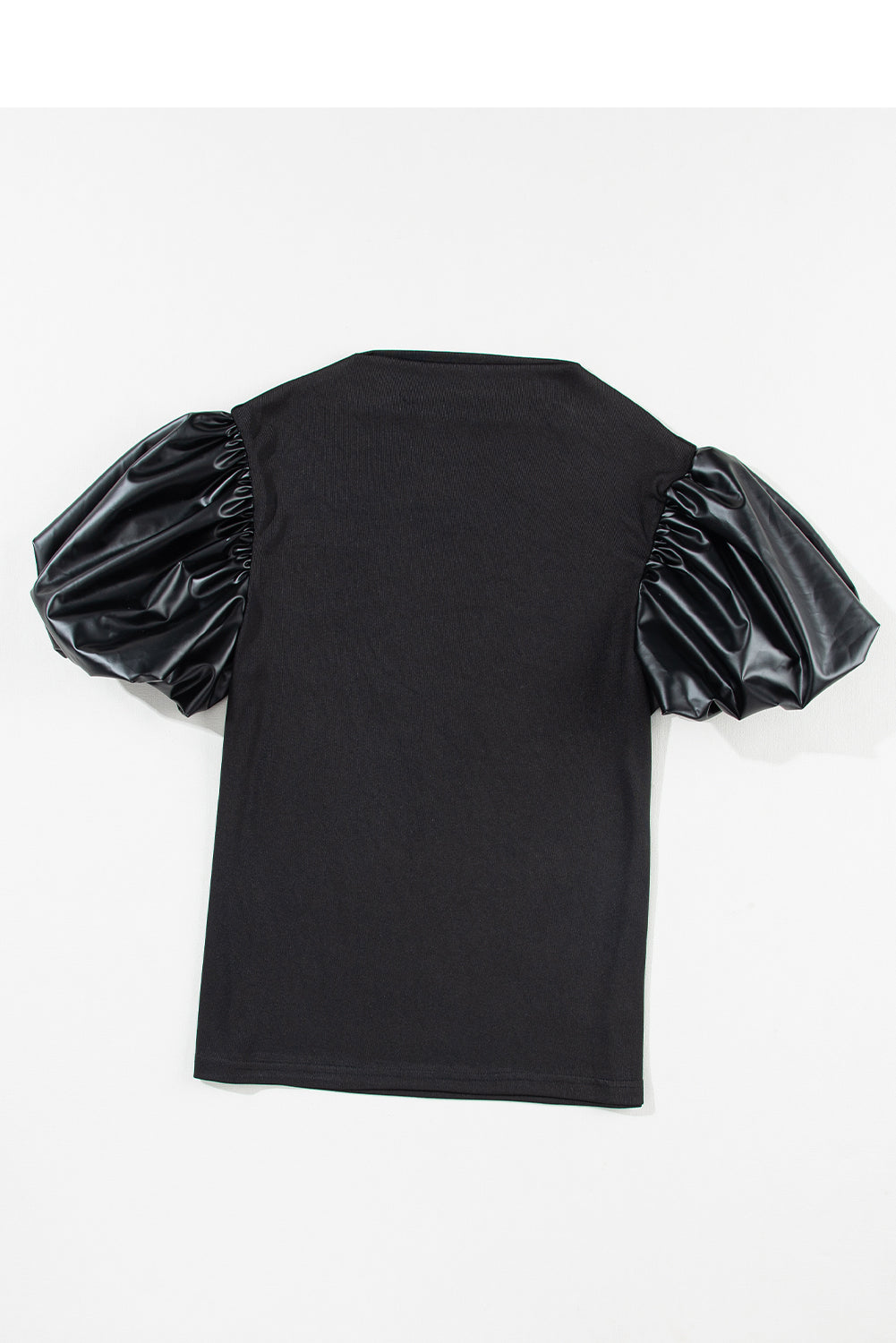 Black Faux Leather Puff Short Sleeve Mock Neck Top