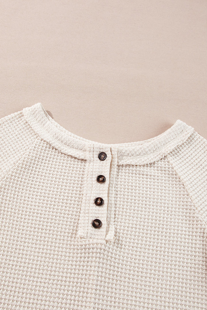 Waffle Knit Buttoned Front Raglan Sleeve Loose Blouse