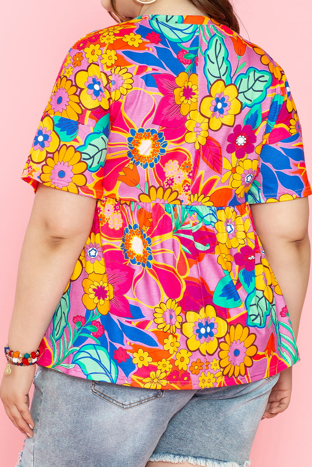 Floral Print Short Sleeve Plus Size Babydoll Blouse