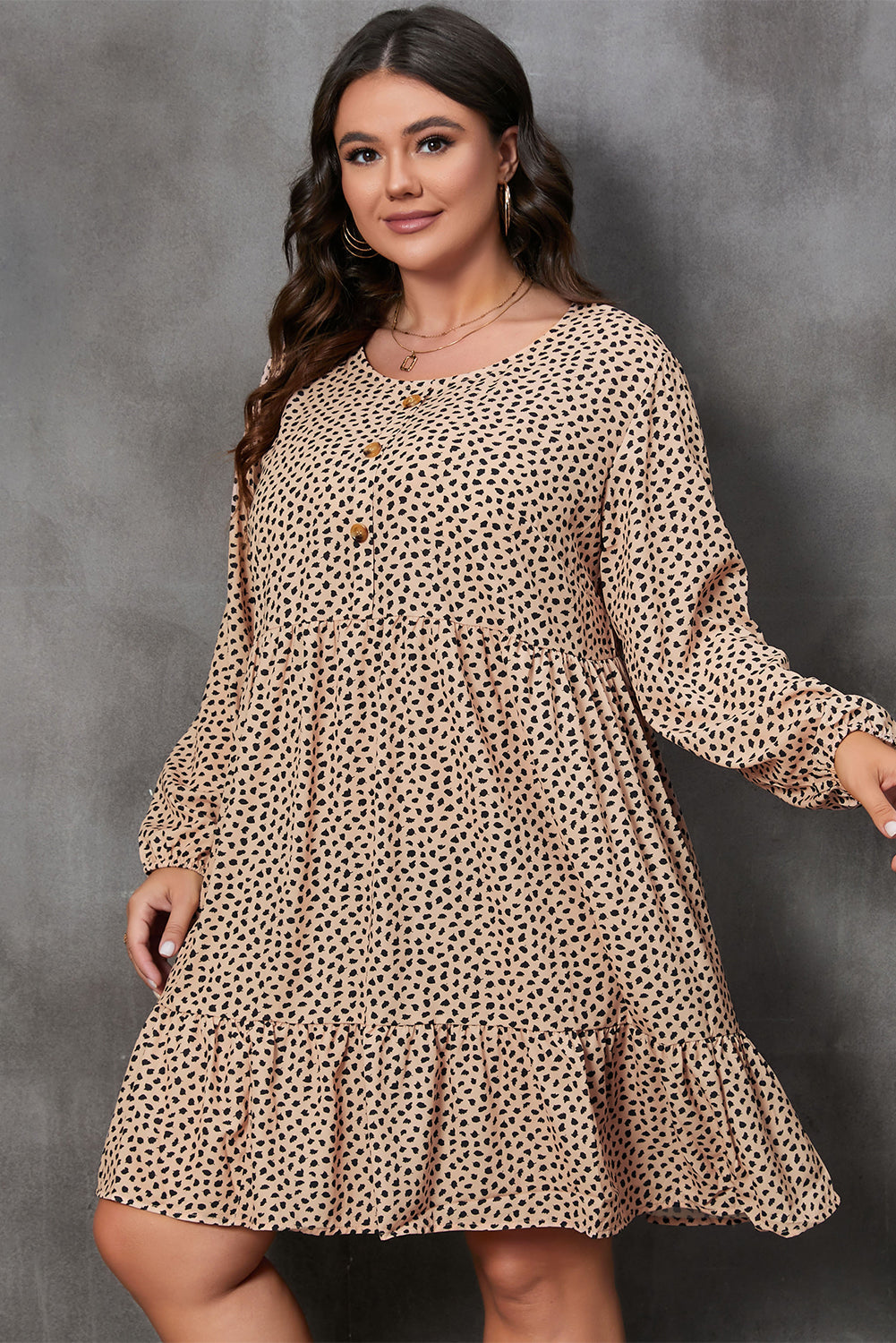 Leopard Spotted Print Tiered Long Sleeve Plus Size Dress