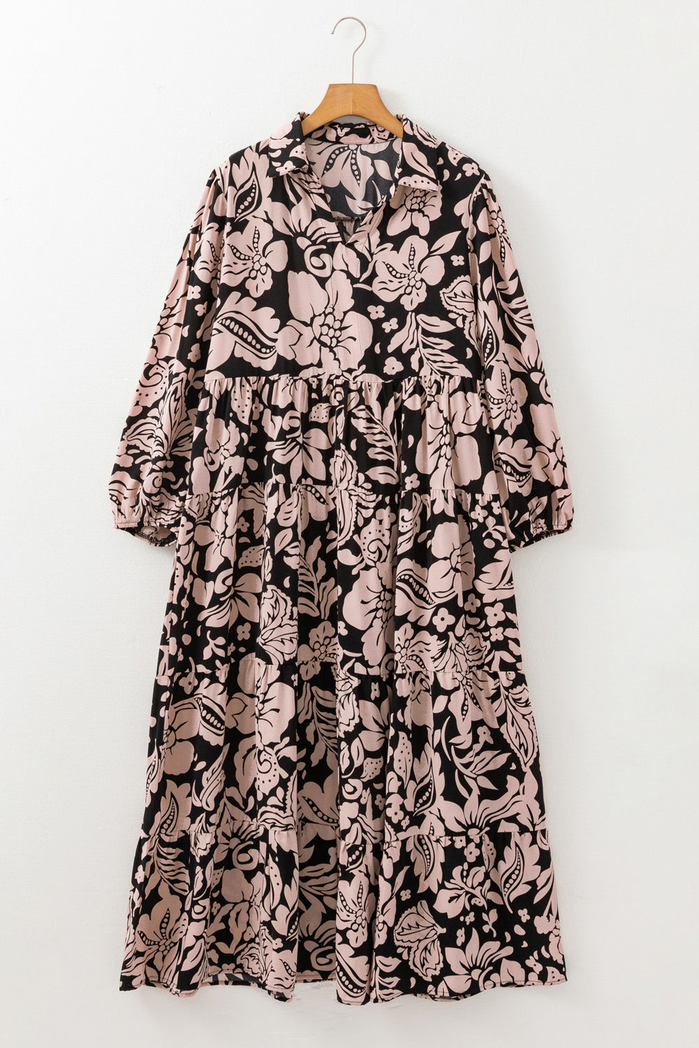 Plus Size Floral Printed Puff Sleeve Collared Maxi Dress