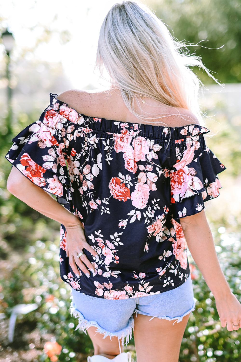 Ruffle Off Shoulder Flounce Sleeve Floral Blouse