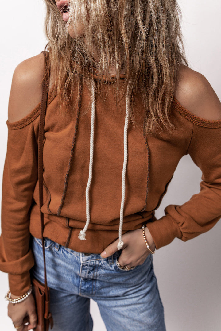 Exposed Seam Cold Shoulder Drawstring Hoodie